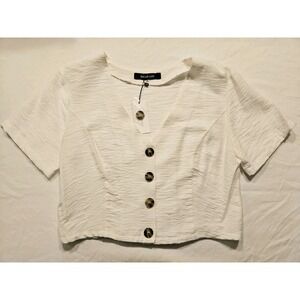 Sugar Lips White Textured Button Front Blouse Womens Medium V-Neck SS NWT